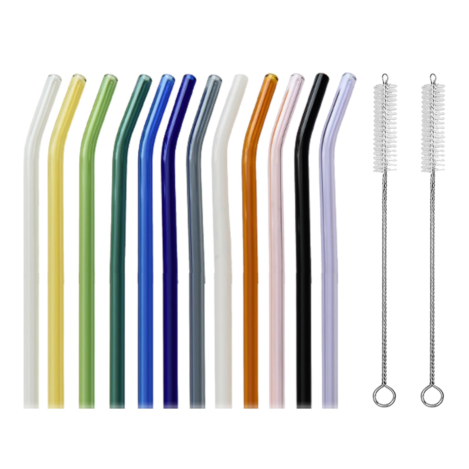 12Pcs Colourful Reusable Glass Straws with 2 Cleaning Brushes, Glass Straws, Durable Drinking Straws for Home and Travel, Smooth Glass Straws with Elegant Design