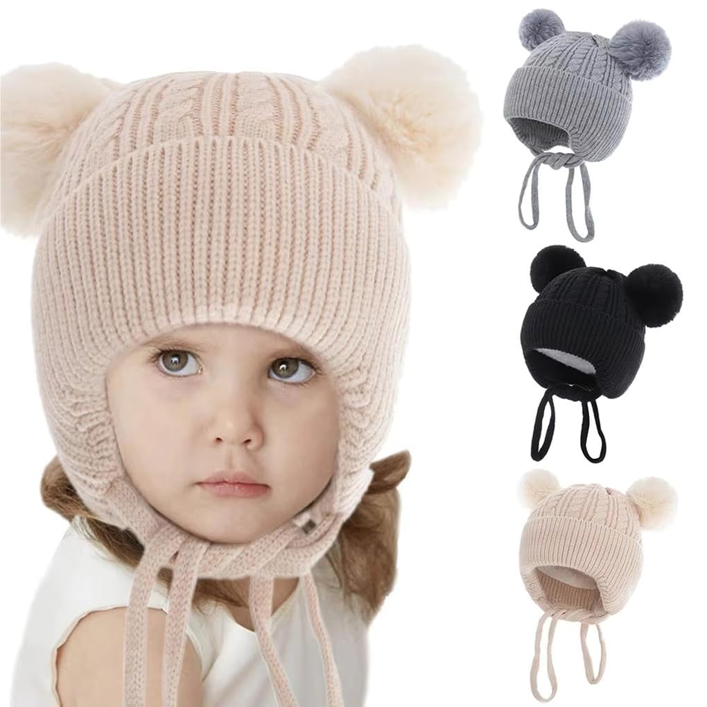 INFISPACE Baby's Super Warm Winter Woolen Skull Beanie Cap with Fur Inside| Double Pompom Baby Hat (Age: 6 Months to 3 Years) (in, Age, 6 Months, 24 Months, Pompom with String Beige) - Image 7 thumbnail