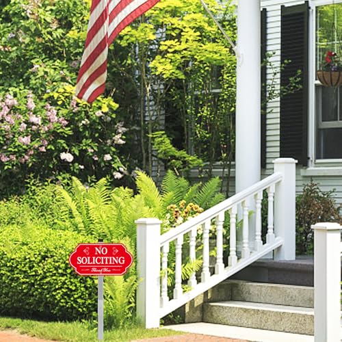 Image of Heavy Duty No Soliciting Sign for House - All Metal Construction No Soliciting Yard Sign - 14 inch x 7 inch - Aluminum - with 28 inch Long Stake (Red)