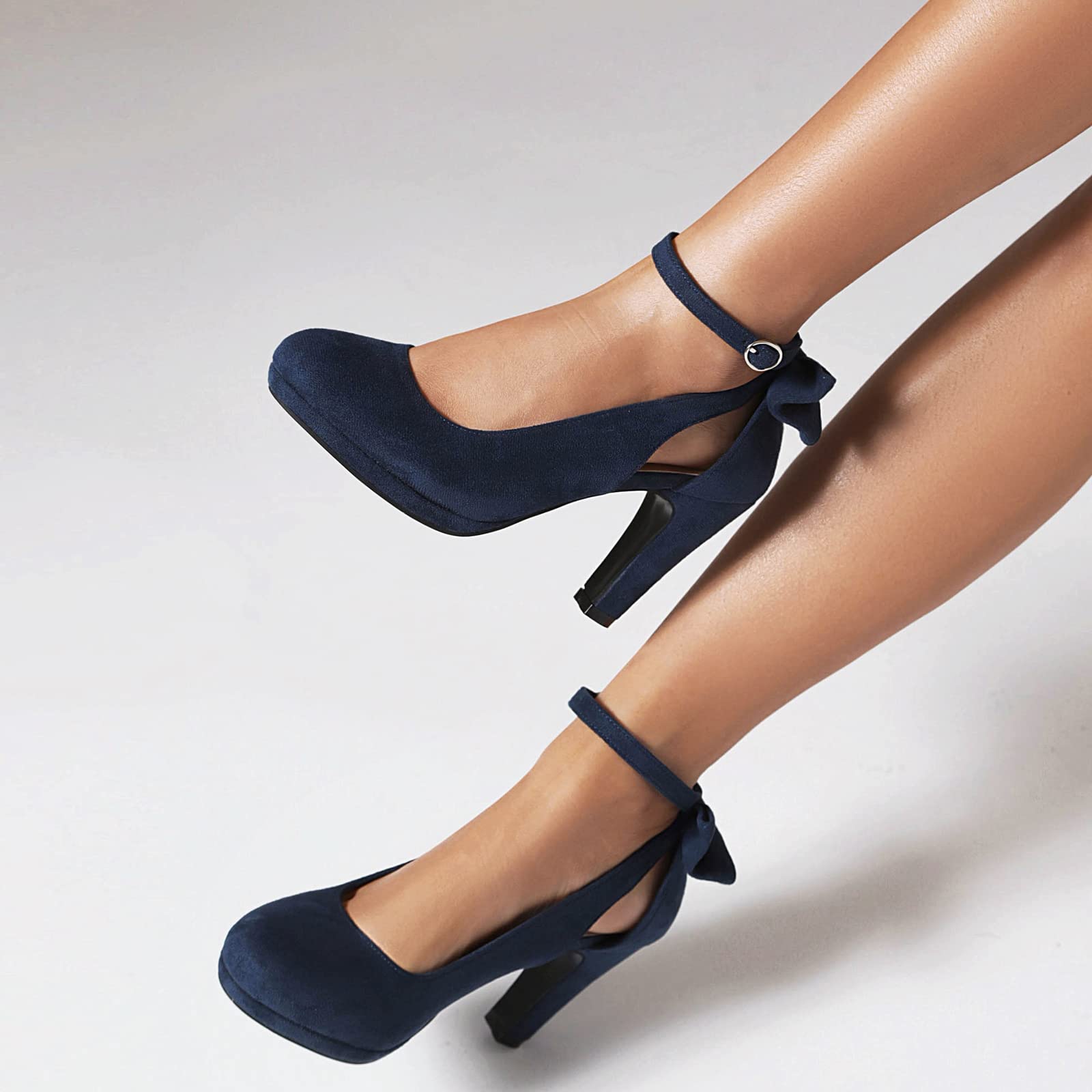 elerhythm Donne Mary Jane Tacchi con Arco Retro Chiuso Punta Rotonda Scamosciata Cinturino alla Caviglia Pumps Gatsby Vintage Scarpe (Blue EU37)