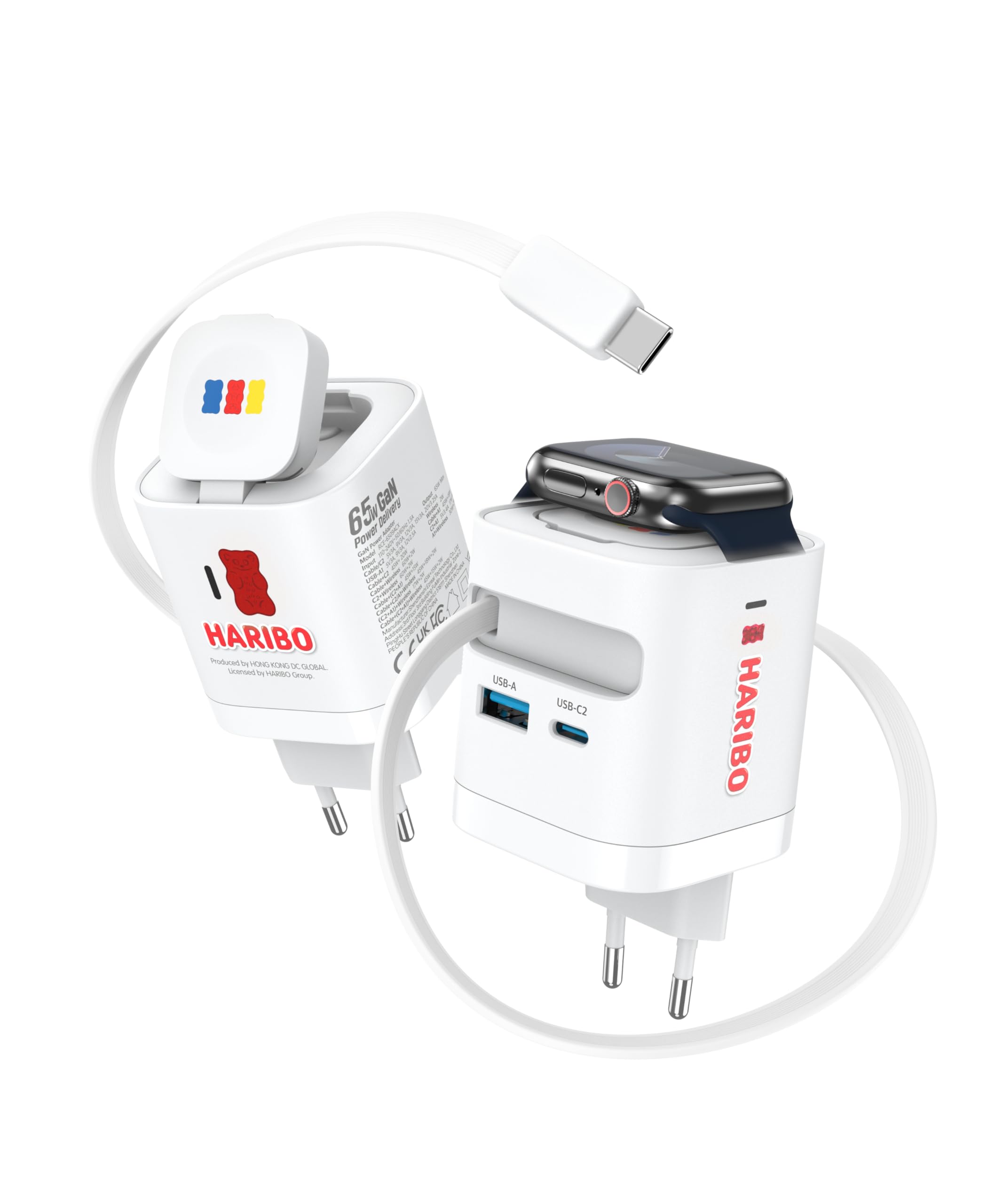 HARIBO 65W Ladegerät USB C für Apple Watch mit Einziehbarem Kabel