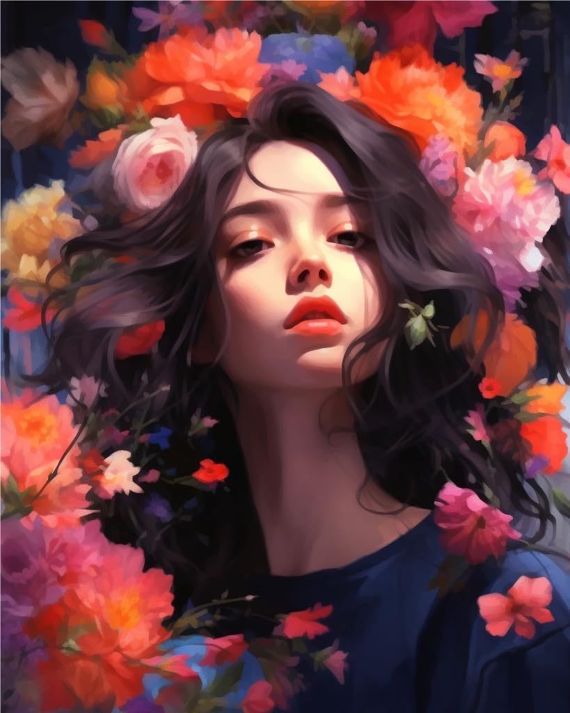 Ginfonr 5D DIY Mosaic Diamond Painting Kits Girl Flower Full Drill, Paint with Diamonds Art Woman Cross Stitch Embroidery Rhinestone Craft for Home Office Wall Decor 12x16 Inch