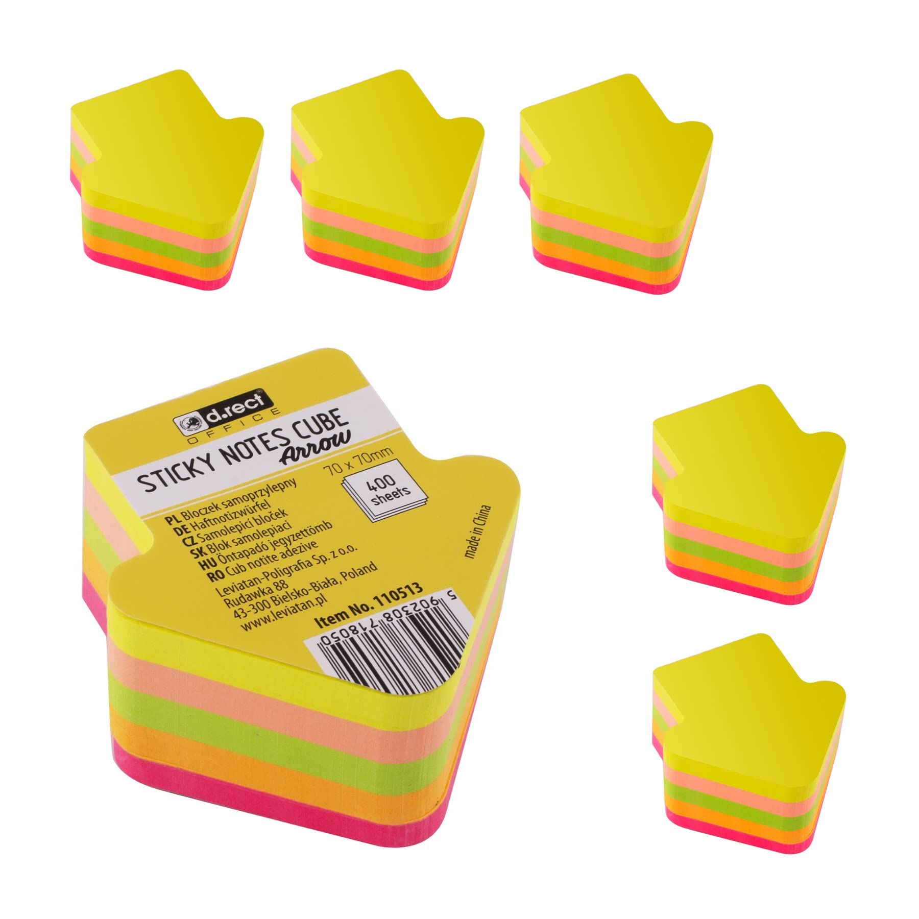 D.RECT 110513 Sticky Notes Cubes Super Sticky Notes Self-Adhesive Notes Colourful Notes for Office, Home and Students, 70 x 70 mm Arrow Neon 400 Sheets Pack of 6