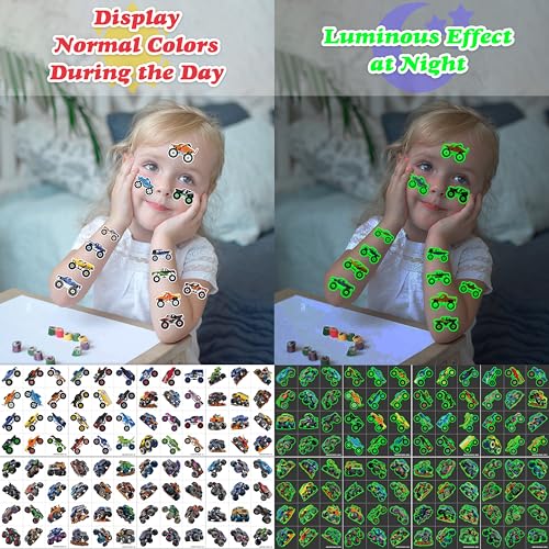 Image of 96 PCS Monster Truck Pre-Cut Luminous Glow in the dark Temporary Tattoos | Super Cute Themed Birthday Party Favors Supplies Decorations, Race Car Fake Tattoos for Kids Rewards & Gifts for Boys Girls
