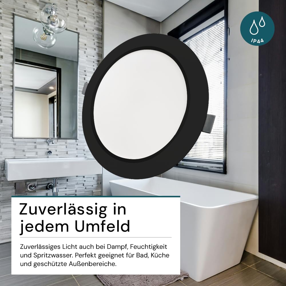 LUXULA LED Einbauleuchte rund Schwarz, 4 Stück Ø221x27mm, 18W 1800lm, IP44 Einbaustrahler flach CCT 2700K 4000K 6000K einstellbar, LED Deckenstrahler Einbauleuchte 230V Bad, Küche & Innenräume