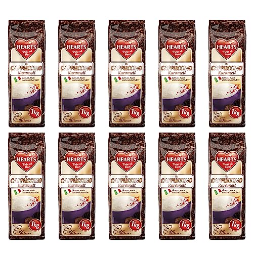 HEARTS Cappuccino Caramelo 10 x 1 kg – Disfruta al estilo italiano – Paquete de almacenamiento – Fácil de disolver, café instantáneo – suficiente para 800 tazas