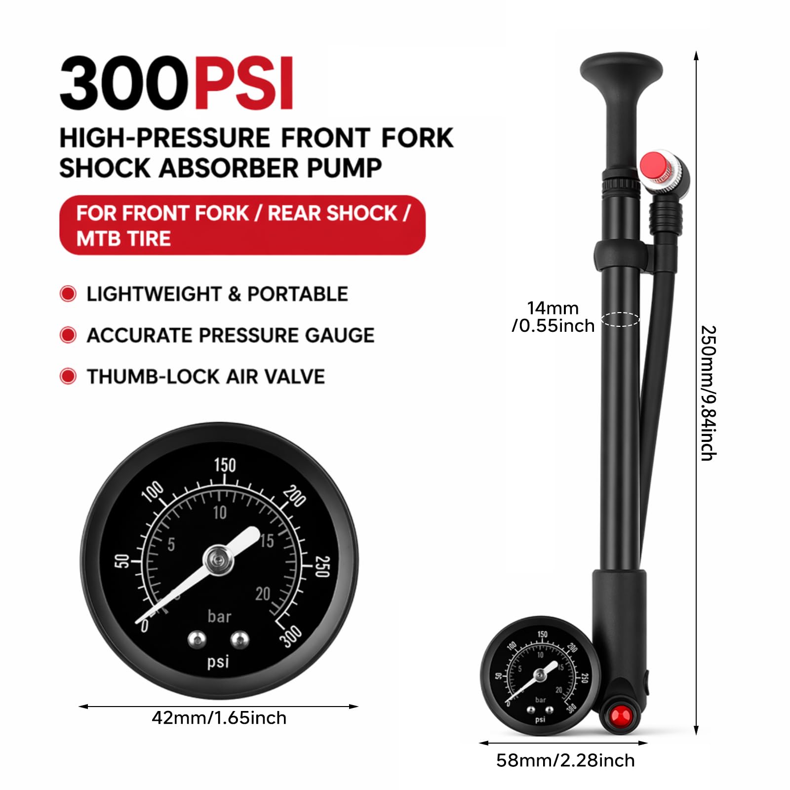 Federgabel Dämpferpumpe, Hochdruck Stoßpumpe, Hochdruck Dämpferpumpe Fahrrad 300 PSI, Luftgabel-Stoßdämpfer, Federgabelpumpe mit Manometer & Entlüftung, Bike Pump für MTB/Rennrad Gabel & Stoßdämpfer