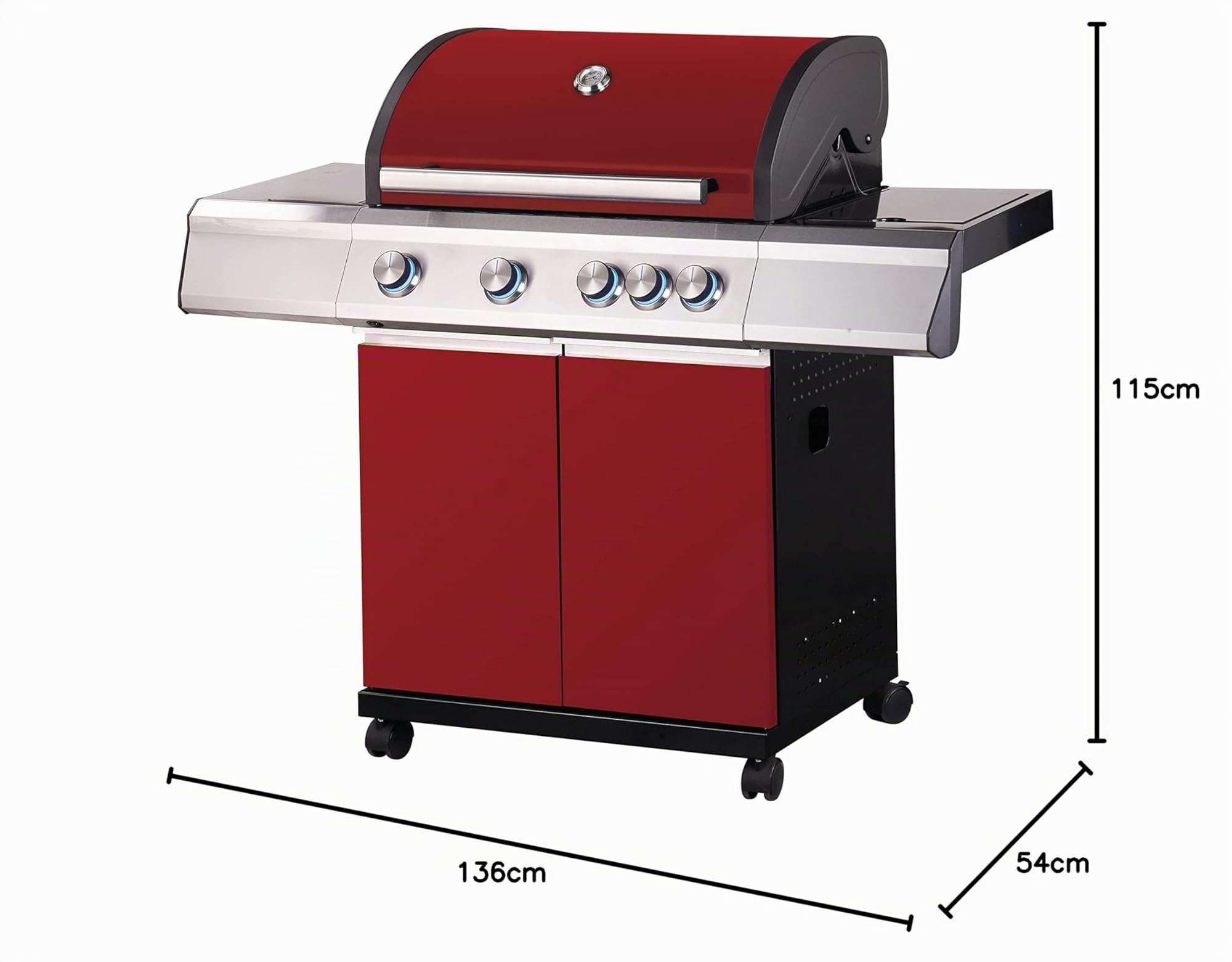 Tarrington House Barbecue a Gas Paxton, Acciaio/Acciaio Inox, 4 Bruciatori + 1 Fornello, Tavolino Laterale, Termometro, 4 Ruote, Rosso