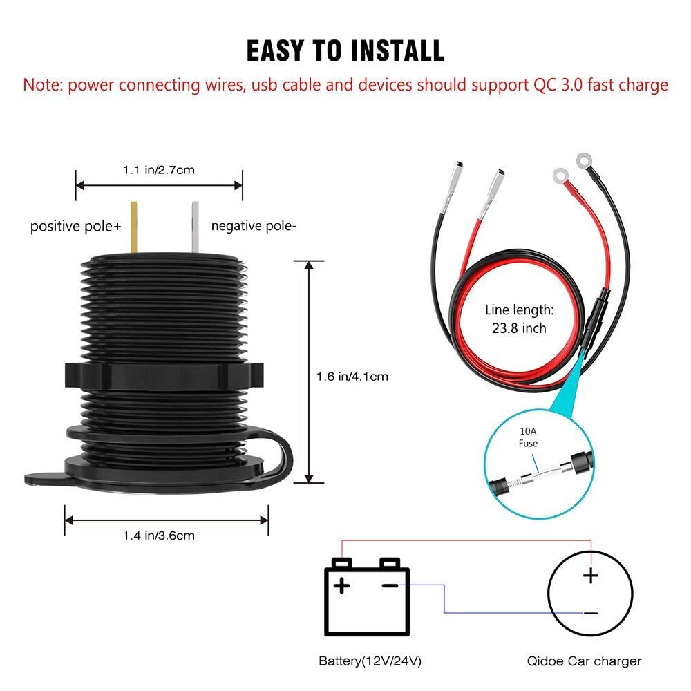 GemCoo QC3.0 Caricabatteria Presa per Auto Doppio USB in Alluminio, 12V / 24V 36W 2 Porte, Impermeabile LED Indicazione (Verde)