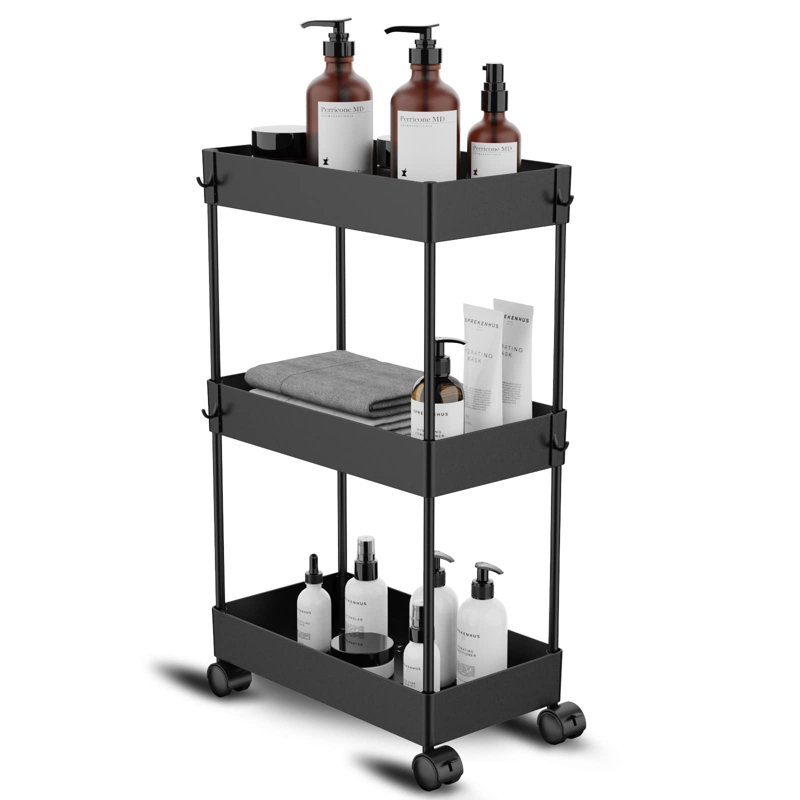 Buy Cucn Slim Storage Cart, 3 Tier Bathroom Cart with Wheels Slide Out Black Organizer in Narrow