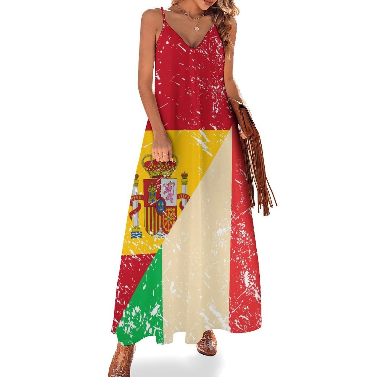 Vestido casual con la bandera vintage de Italia y España para mujer, vestido largo de espagueti ajustable, largo hasta el tobillo con volantes, vestido de verano fluido