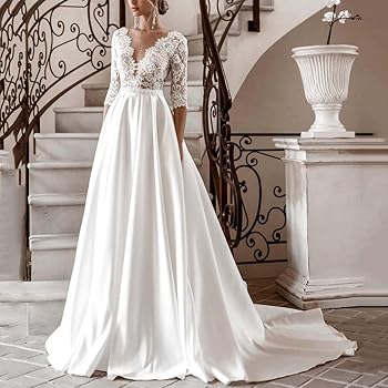 FEFCK Deep V Neck Satin Wedding Dress Appliques Half Sleeve Lace with Train White French Long Tail Wedding Dresses Personalized Party Dresses