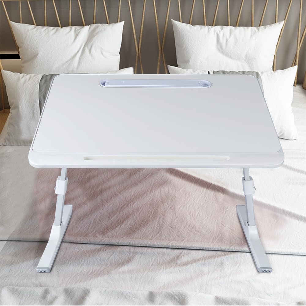 Table d’Ordinateur en Bambou Pliable Réglable avec Tiroir, Support Portable pour Lit Canapé, Blanc 60x40x27-40cm