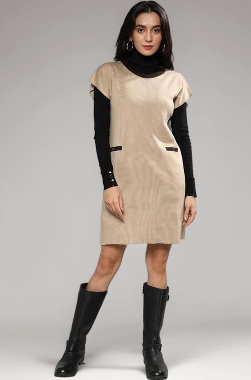 Campus Sutra Cotton Women's Sweater Shift Dress For Casual Wear |Round Neck |Short Sleeve | Pull On Closure |Sweater Crafted With Comfort Fit For Everyday Wear