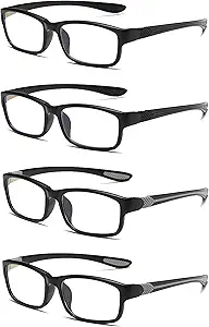Reading Glasses Men 4 Pairs Ultra Light TR90 Sports Style Blue Light Blocking Readers+1.5(Black&Grey)