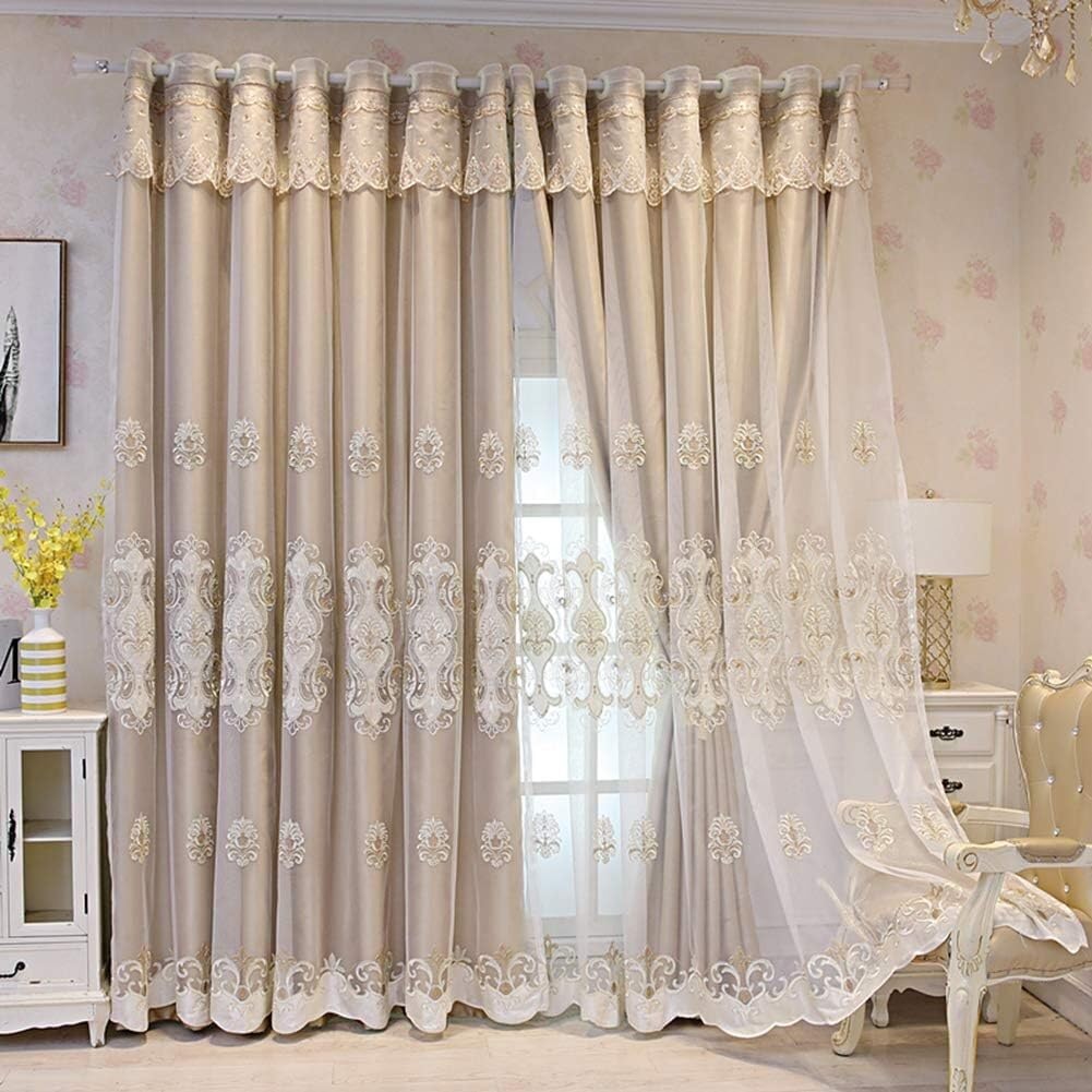 Rideaux brodés en dentelle café W300xH270cm avec tulle translucide pour salon