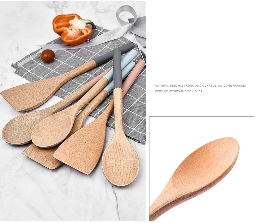 SKUZA Küchenutensilien-Set, Küchenbuchenschaufel, Löffel, Silikon, hitzebeständiger Griff, Buchenholz, Starke und langlebige Kochwerkzeuge (Color : A) (Color : C)