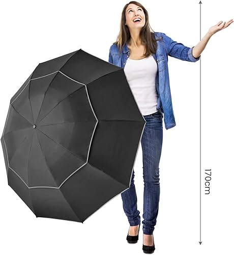 Miniatura 9 de G4Free Paraguas invertido resistente al viento de 5462 pulgadas con rayas reflectantes, paraguas de golf grande y compacto para lluvia, 10 varillas,