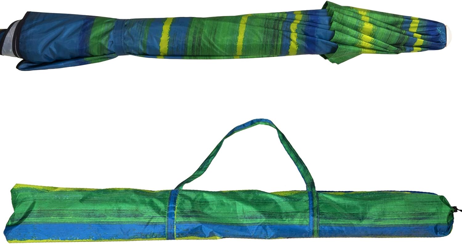 Ogrmar 7FT Beach Umbrella with Sand Anchor & Carry Bag, Portable Outdoor Windproof Sun Umbrella Sun 50+ Protection With Push Button Tilt & Air Vent (Green Stripe)