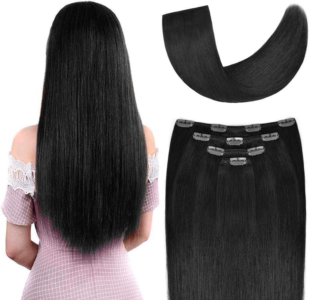 12" Hair Extensions Clip in Human Hair for Women Beauty - Silky Straight Short Clip on Hair Pieces 50grams 4pieces Jet Black #1 Color