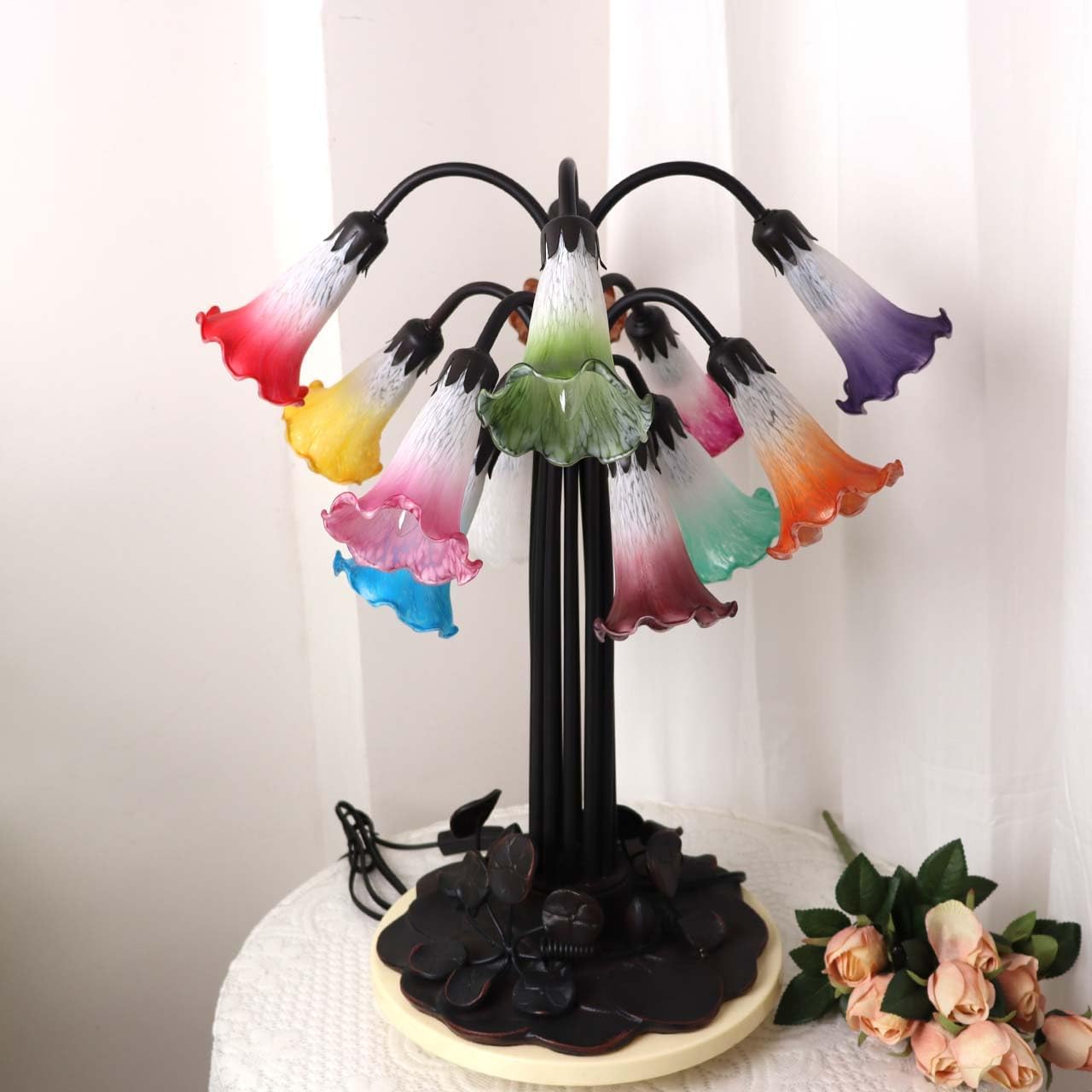 Bieye L10952 Lily Flower Blown Glass Accent Table Lamp for Living Room Bedroom Decoration Multicolor 12-Light