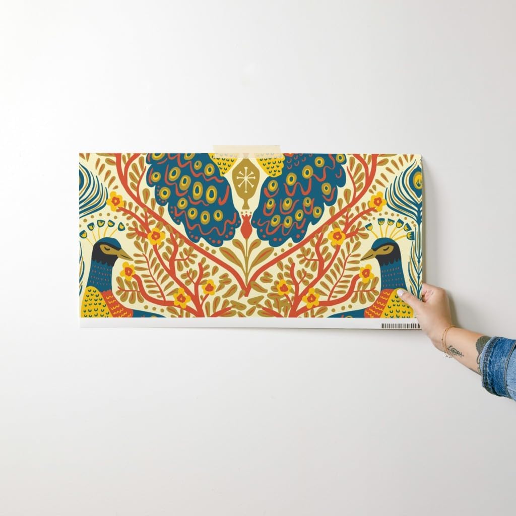 Spoonflower Peel & Stick Wallpaper Swatch - Boho Peacock Art Nouveau Maximalist Warm Rust Orange Large Scale Colors Teal Blue Exotic Animal Custom Removable Wallpaper