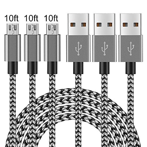 Ama Forest 3Pack 10FT Long Premium Nylon Braided Micro USB Cable Android Windows Charger Cord USB2.0 Sync Fast Charging PowerLine for Samsung Galaxy S7 S6 Sony LG Smartphones Black Gray