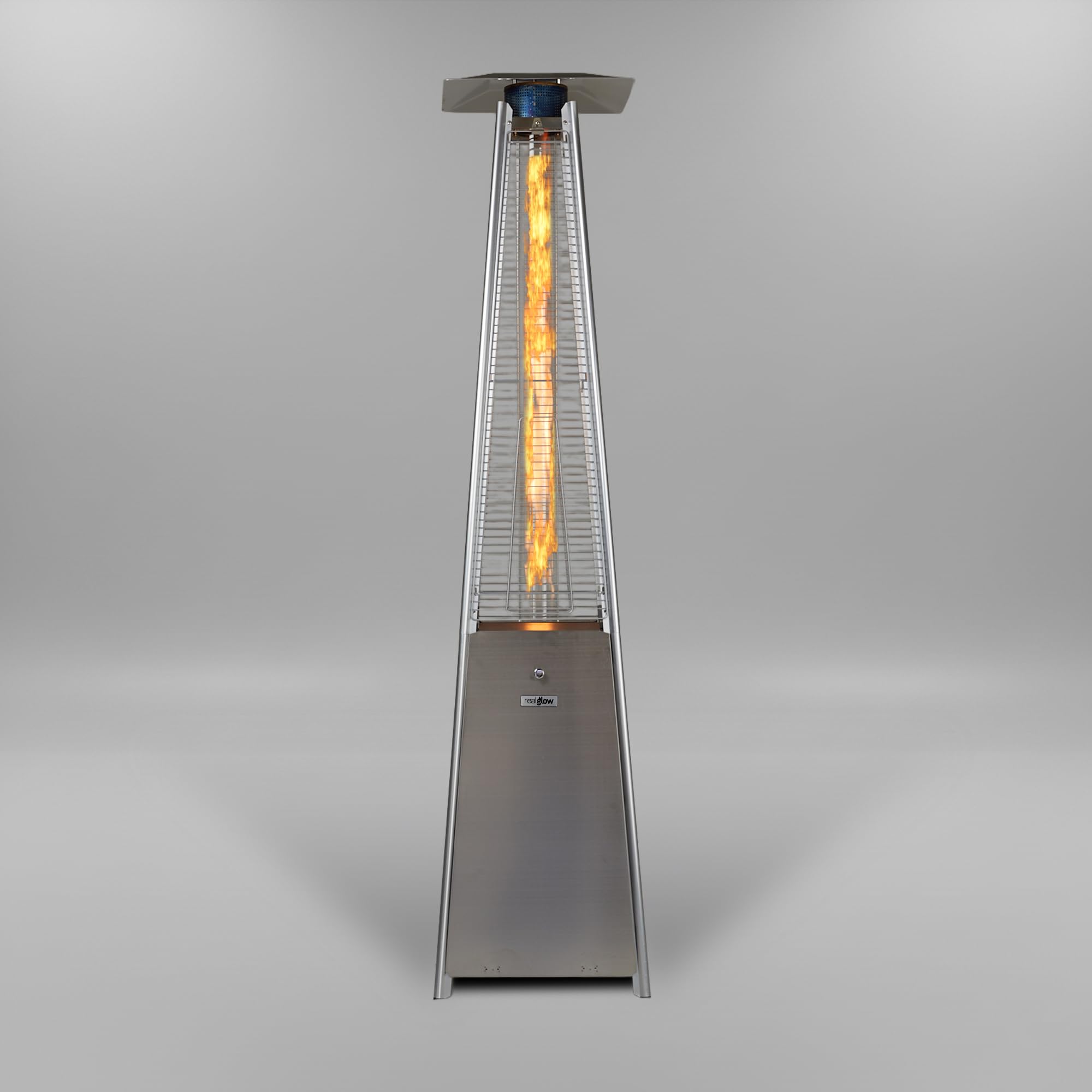 REALGLOW Real Flame Outdoor Pyramid Patio Heater in Stainless Steel - 13KW Propane Gas Standing Floor Heater for Outdoors & Gardens - Outside Space Heating for Decking, Home Garden & Gazebo