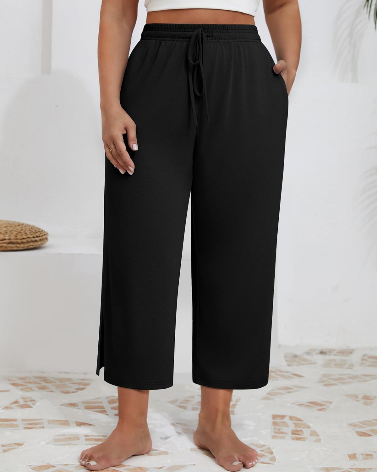 Neer 3 Pack Women's Plus Size Capris, Drawstring Cropped Wide Leg Pants Lounge Athletic Yoga Sweatpant with Pocket - Image 3