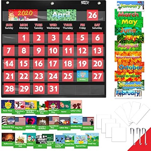 SpriteGru Black Calendar Pocket Chart with 76 Cards,(68 Illustrated Activity Cards, Alphabets, Language Skills, 8 Dry Erasable Flash Cards and 3 Hooks)20” X 19” Cover