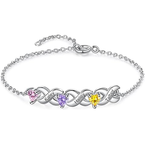 Personalized Custom Name Heart Bracelet with 1-6 Birthstone Bracelets for Women Eng...