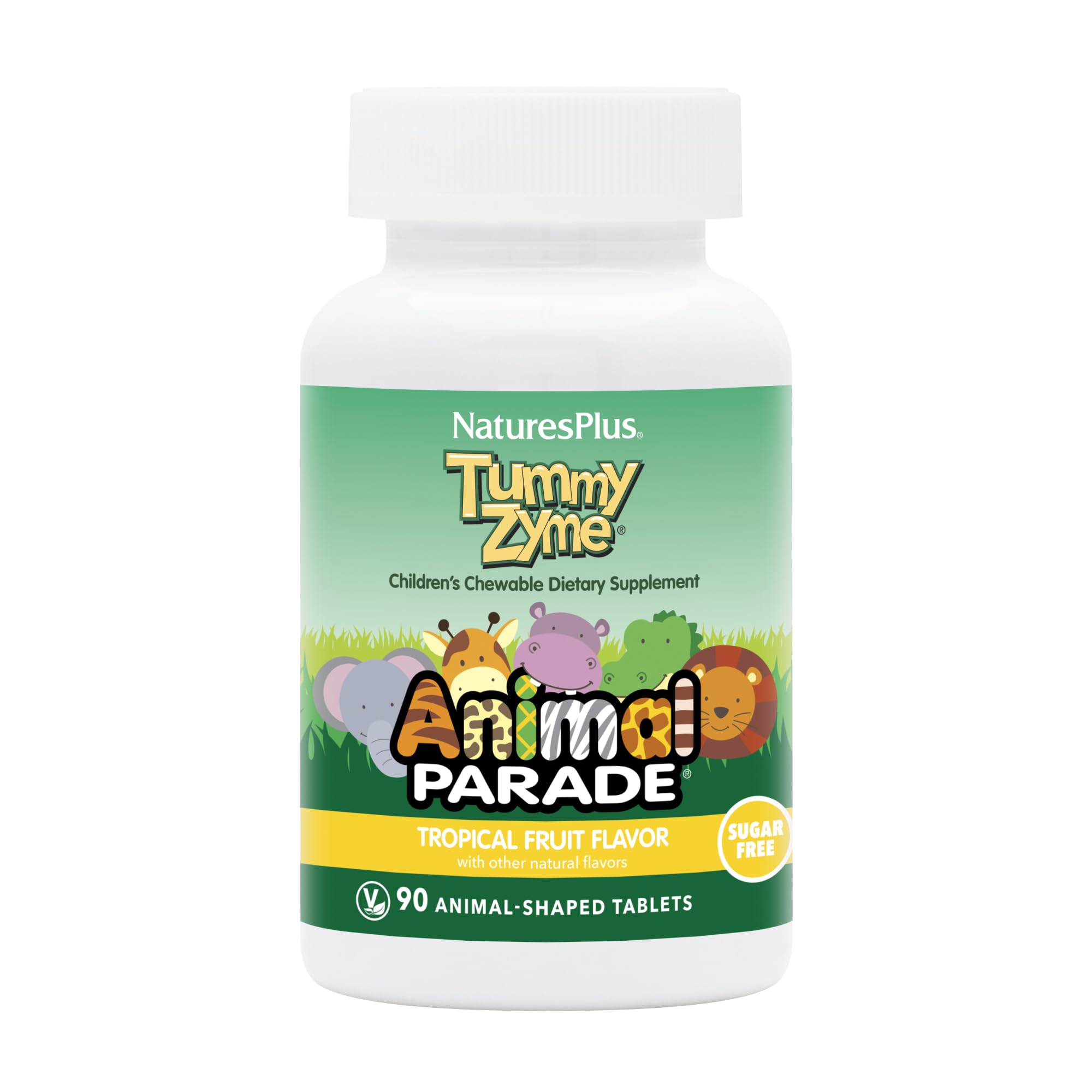 NaturesPlus Animal Parade Tummy Zyme, Tropical Fruit Flavor - 90 Animal-Shaped, Chewable Tablets - Pack of 2 - Digestive Aid & Probiotic - Vegetarian,