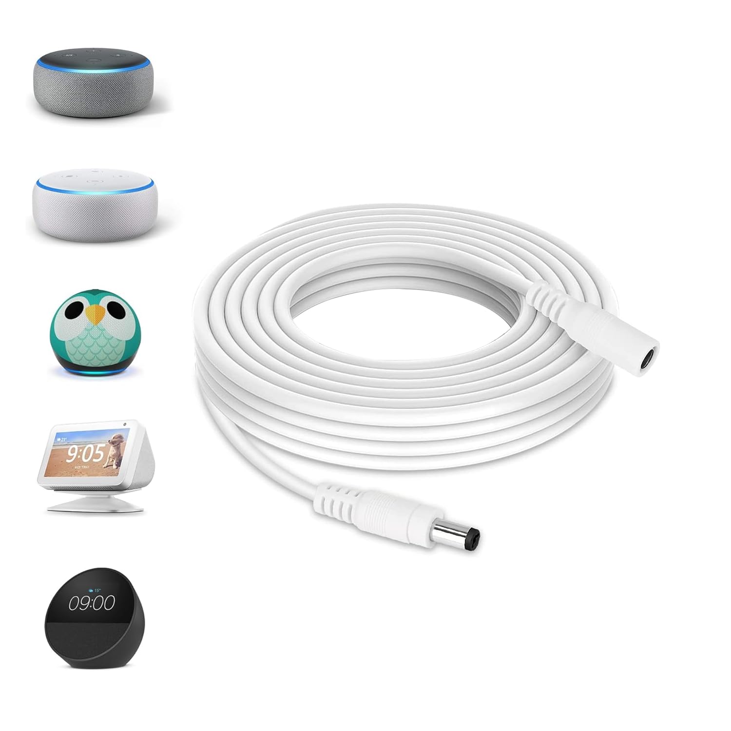 Tonton Cable de Extensión 15W 3m 12V 1,25A para Alexa Echo Dot (3.ª/4.ª Gen), Echo Dot con Reloj, Echo Show 5, Fire TV Cube (Blanco, 20AWG)