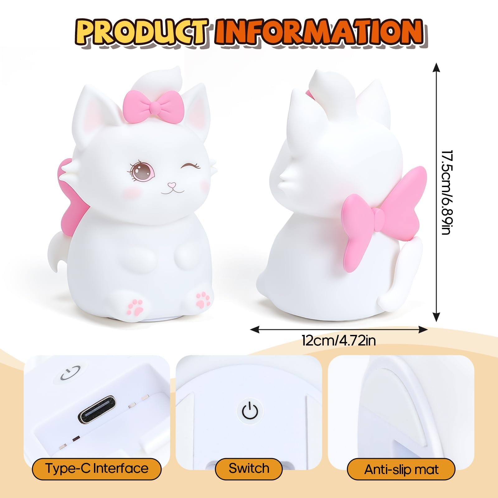 Luce notturna con controllo touch, 3 modalità e lampada a LED dimmerabile con 7 colori, ricaricabile tramite USB, in silicone per uso alimentare, decorazione per la camera dei bambini (bianco)
