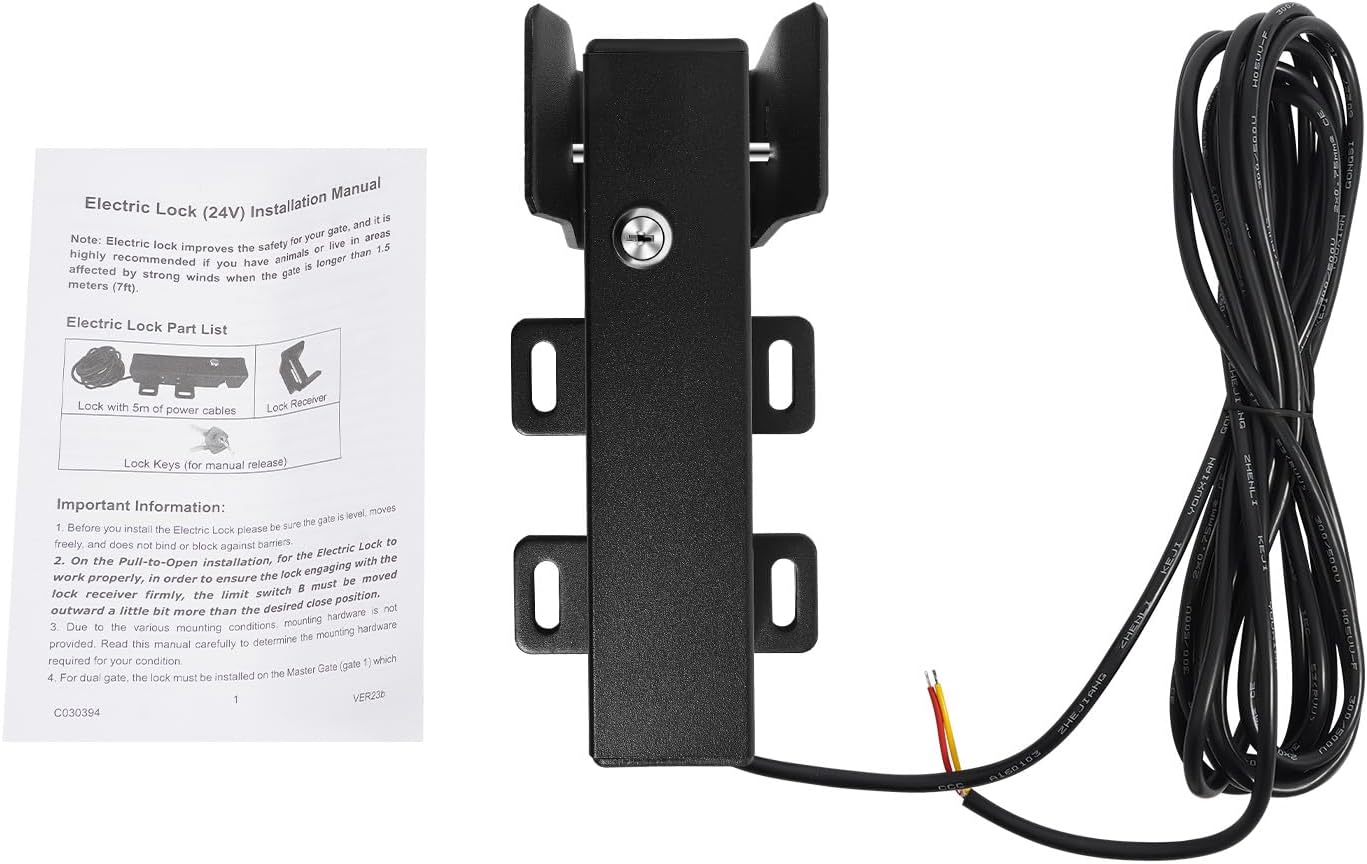 Diagram showing the Lidhujnk LM149 Electric Gate Lock with its 16.4ft power cord and a snippet of the installation manual.