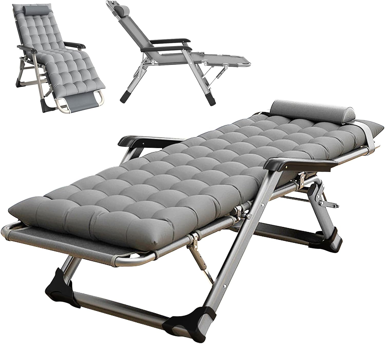 3 in 1 Folding Camping Bed, Adjustable Lounge Chair with Mattress and Pillow, Home Office Nap Lounger, Beach Pool Deck for Travelling (Grey)