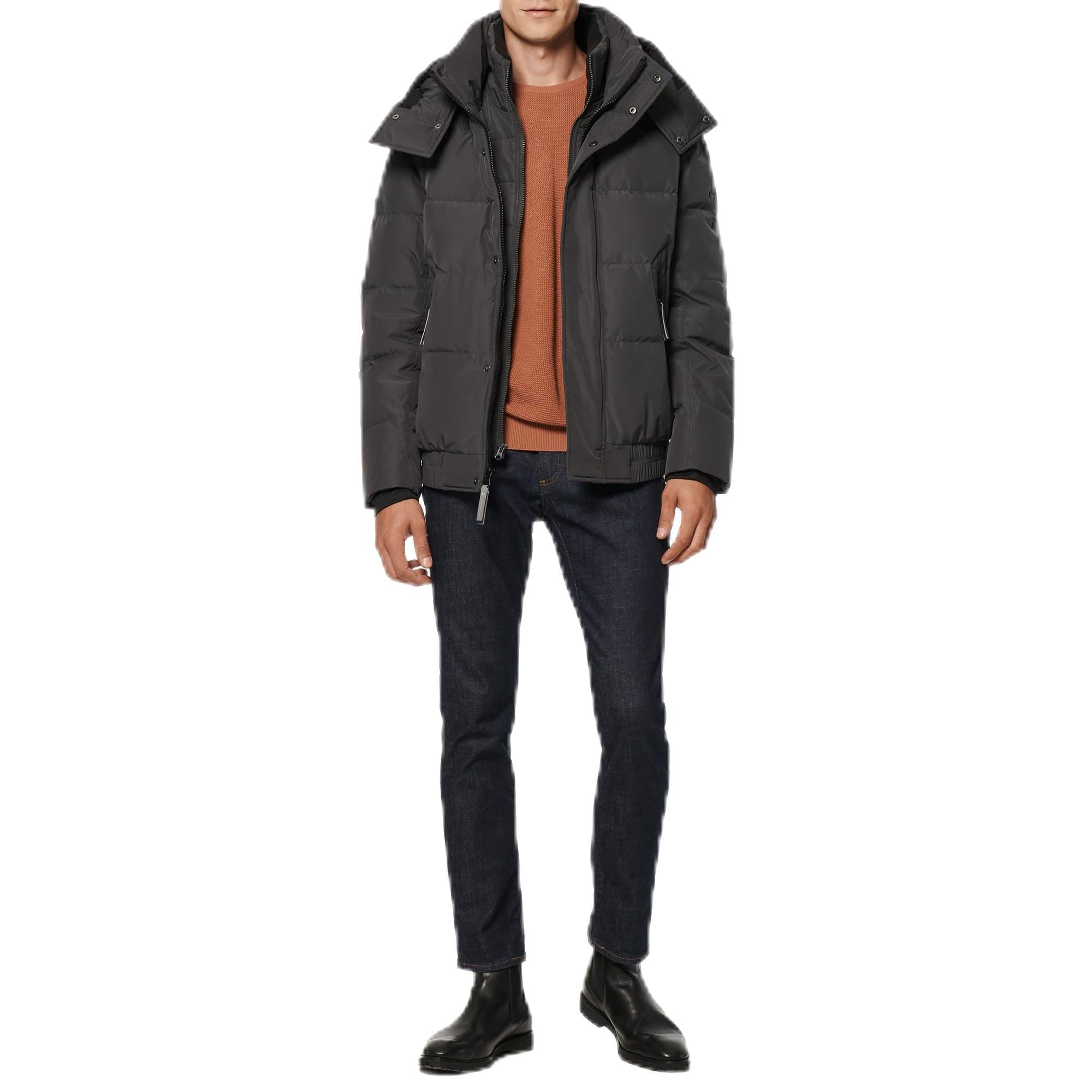 Andrew Marc Men's Short Quilted Inner Bib Attached Down Fill Phoenix Down Bomber Hybrid