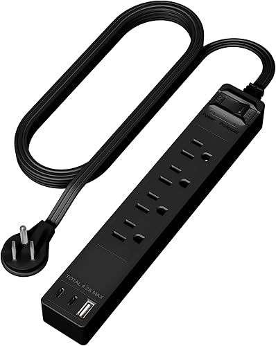 Miniatura 16 de LIDER Extensor de salida protegido contra sobretensiones, regleta de alimentación de 4 salidas, USB tipo A de 21 W y 2 puertos USB tipo C, enchufe