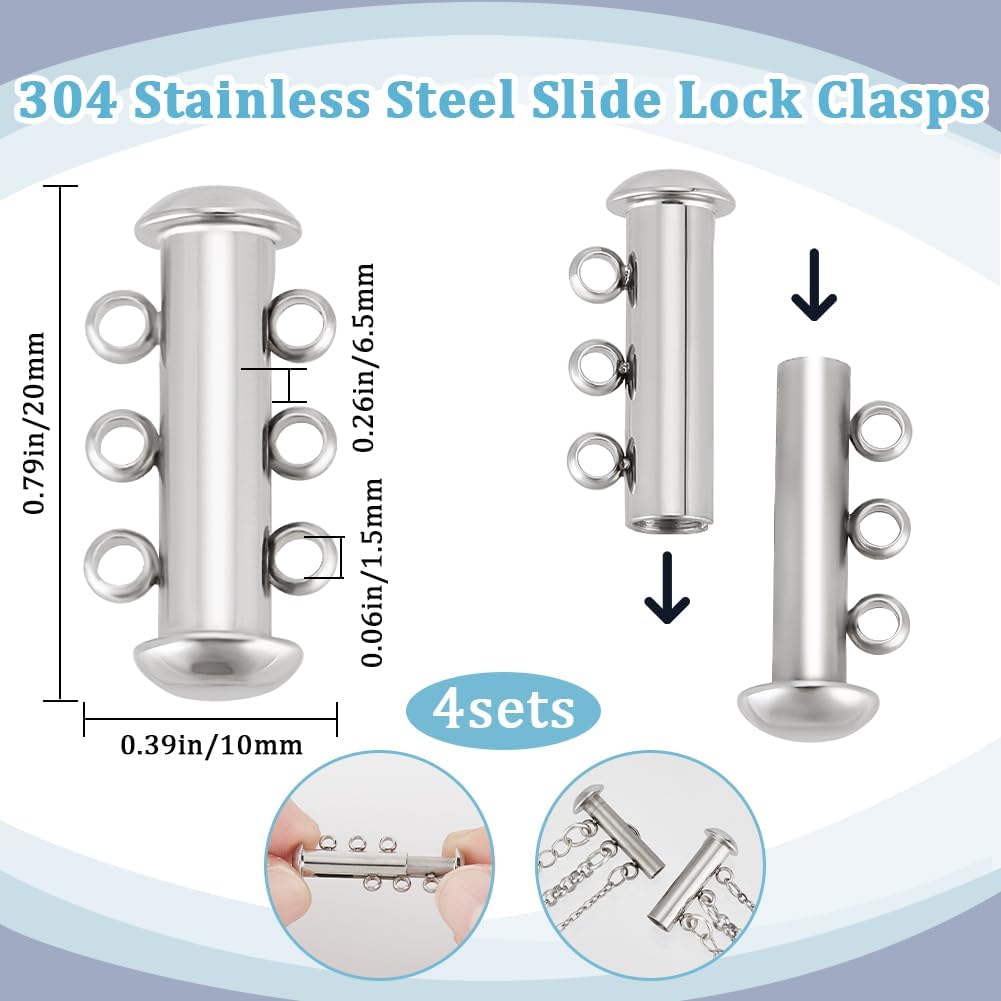 Beebeecraft 4Pcs Slide Lock Clasps 304 Stainless Steel Tube Layering Clasps 3 Strands Connector for Necklace Bracelet Jewelry Making