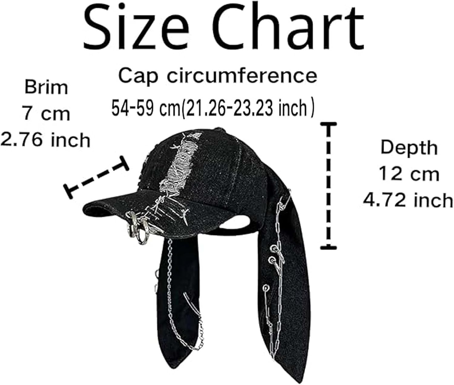 with Ears Y2k Grunge Metal Iron Ring Chain Distressed Denim Baseball Cap Sun Caps Hiphop Dance Hat
