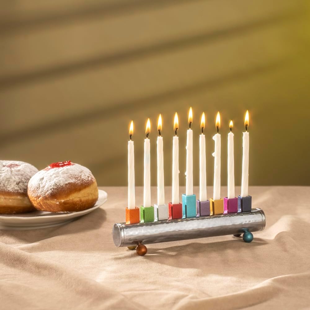 Yair Emanuel Round Strip Menorah - Multicolor - Hammered Metal
