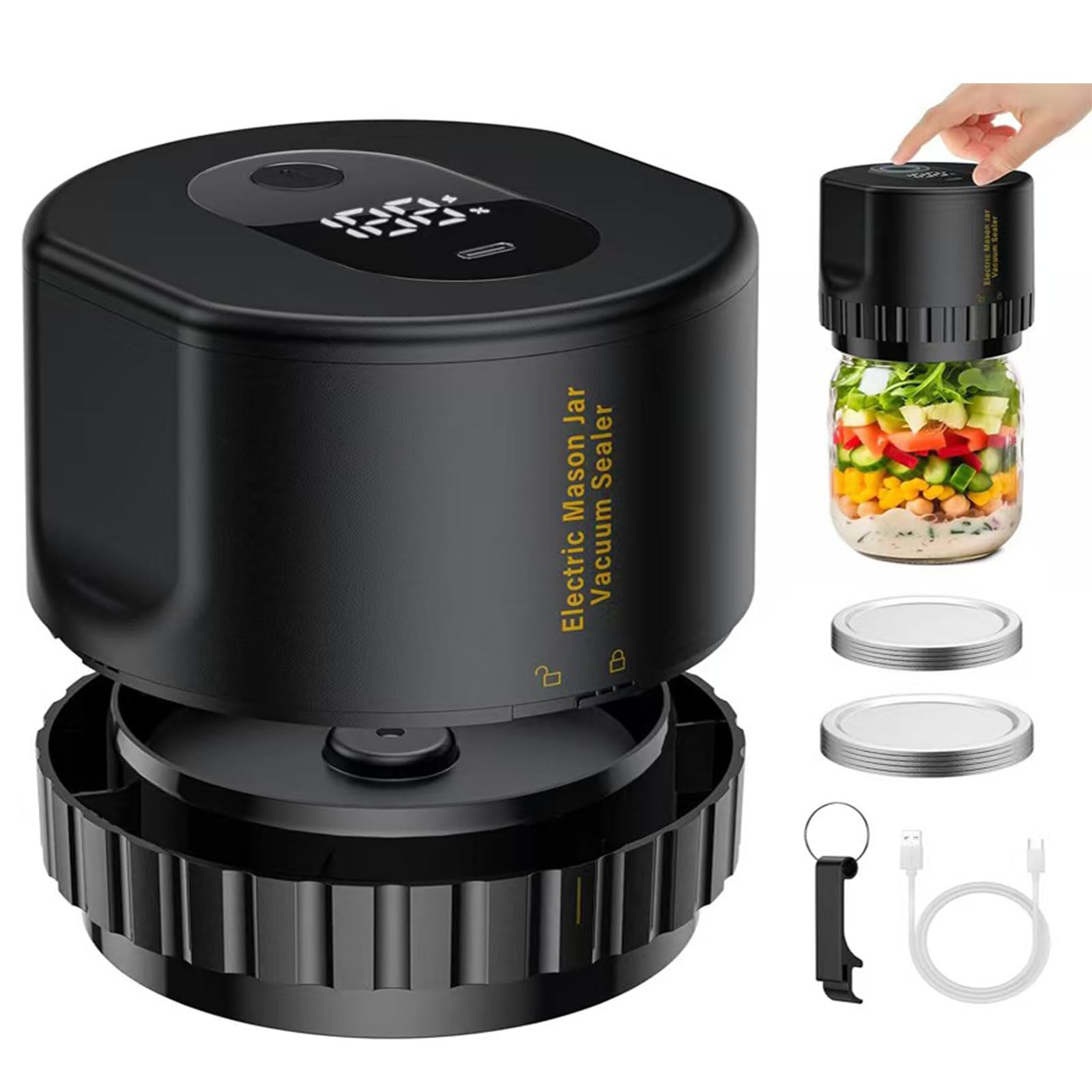 Mason Jar Vacuum Sealer Automatic - Electric Vacuum Pump for Wide Mouth & Regular Mason Jars, Portable Food Preservation Kit for Canning, Herbs, Coffee ?BLACK)