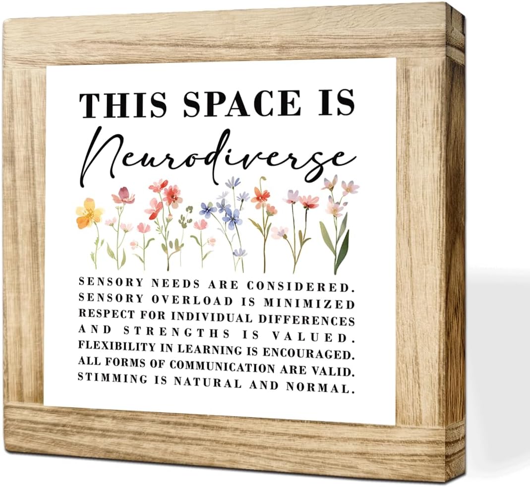 Autism Sign This Space Is Neurodiverse Solid Wood Sign Wooden Decor Signs For Wall Table ASD Awareness Acceptance Gift Mental Health Decor Autism Therapist Office Support Decoration 5.9x5.9 Inch