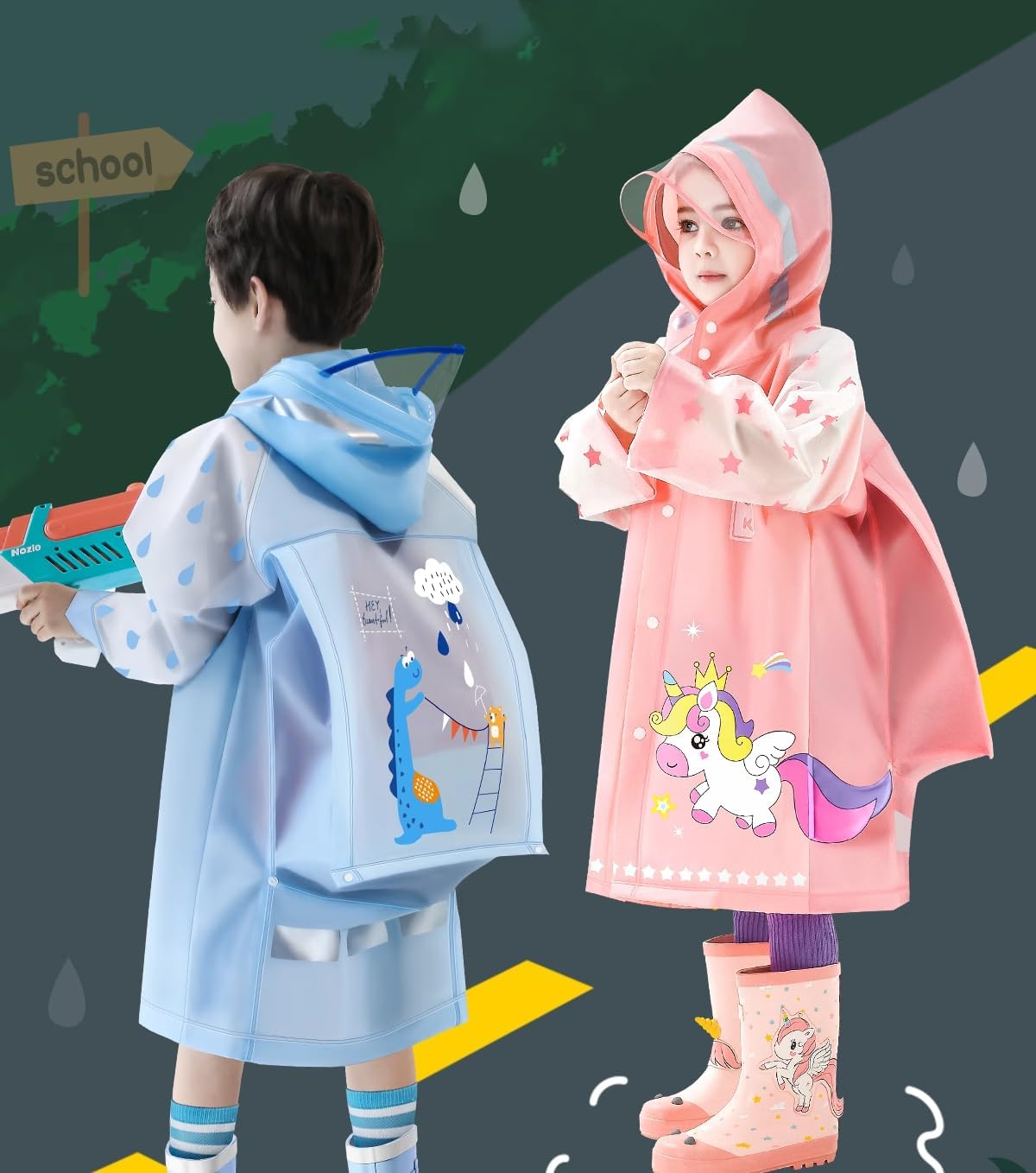 Agitation Kids Unicorn and Mermaid Folding Umbrella and Raincoat Set for Boys and Girls Ages 3-11