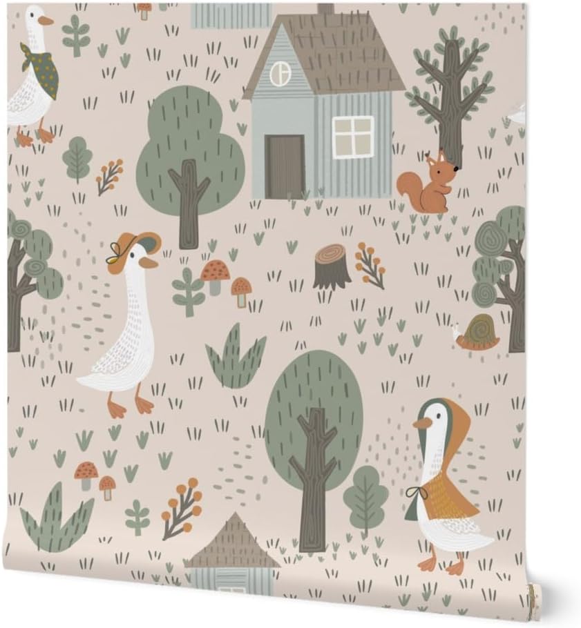 Peel & Stick Wallpaper 3ft x 2ft - Whimsical Scandi Farmhouse Cottagecore Baby Kids Goose Farm Animals Trees Mushroom Nature Custom Removable Wallpaper by Spoonflower
