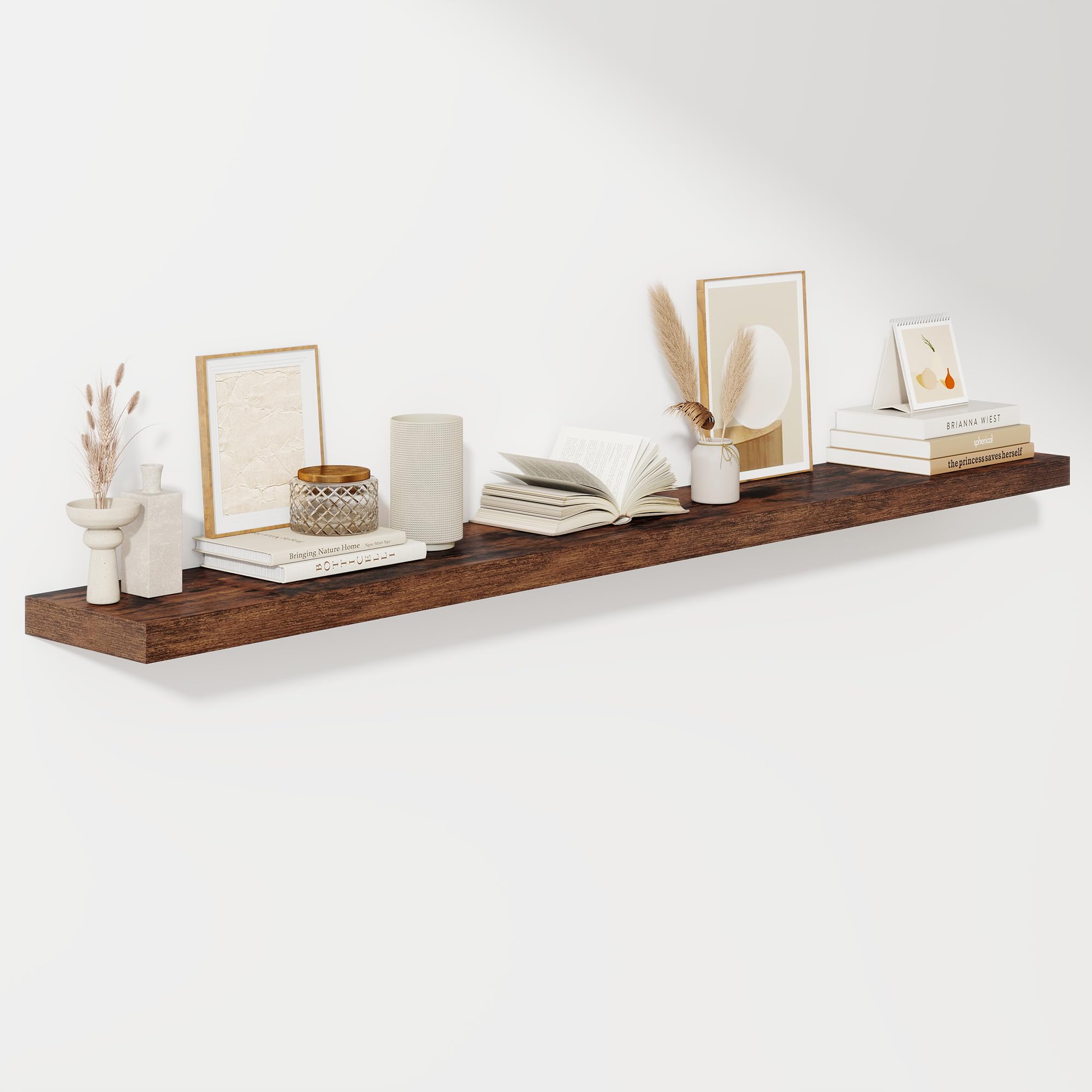 Fun Memories 72 Inch Floating Shelves for Wall, Fireplace Mantel Shelf with Invisible Heavy Duty Bracket, 8 Inch Deep Storage Shelf for Living Room, Kitchen, Farmhouse, Brown