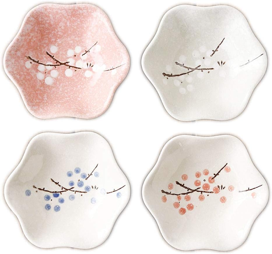 VanEnjoy Ceramic Japanese Dipping Bowl Soy Sauce Seasoning Dishes Soy Dipping Sauce Dishes set of 4, Floral pattern with Flower shape (leaves) (leaves)