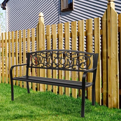 50" Outdoor Garden Bench, Patio Furniture Metal Outdoor Chair with Cast Iron Frame, Weather Proof 2-Person Outdoor Loveseat with Welcome Backrest for Park, Porch, Pool, Backyard