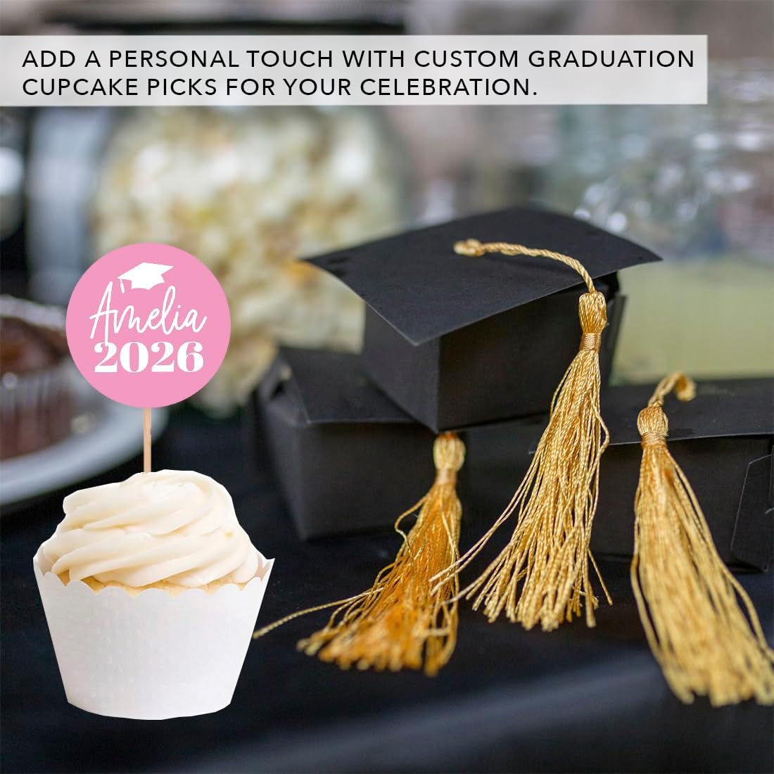 Andaz Press Personalized Graduation Cupcake Toppers with Custom Name, Minimal Cupcake Picks Decor with Cap Class Year, Graduation Decorations 2026, Class of 2026 Decorations, Bulk 20 Pack, 2 Inch