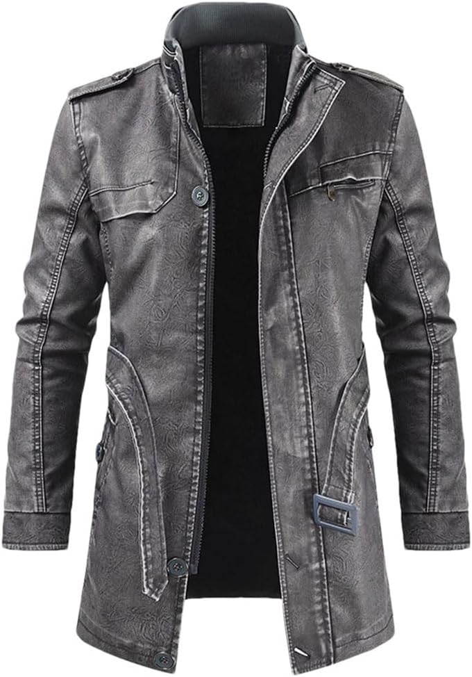 Haitpant Men Winter Long Thick Fleece Leather Jacket Parkas Warm Casual Vintage Faux Leather Coat